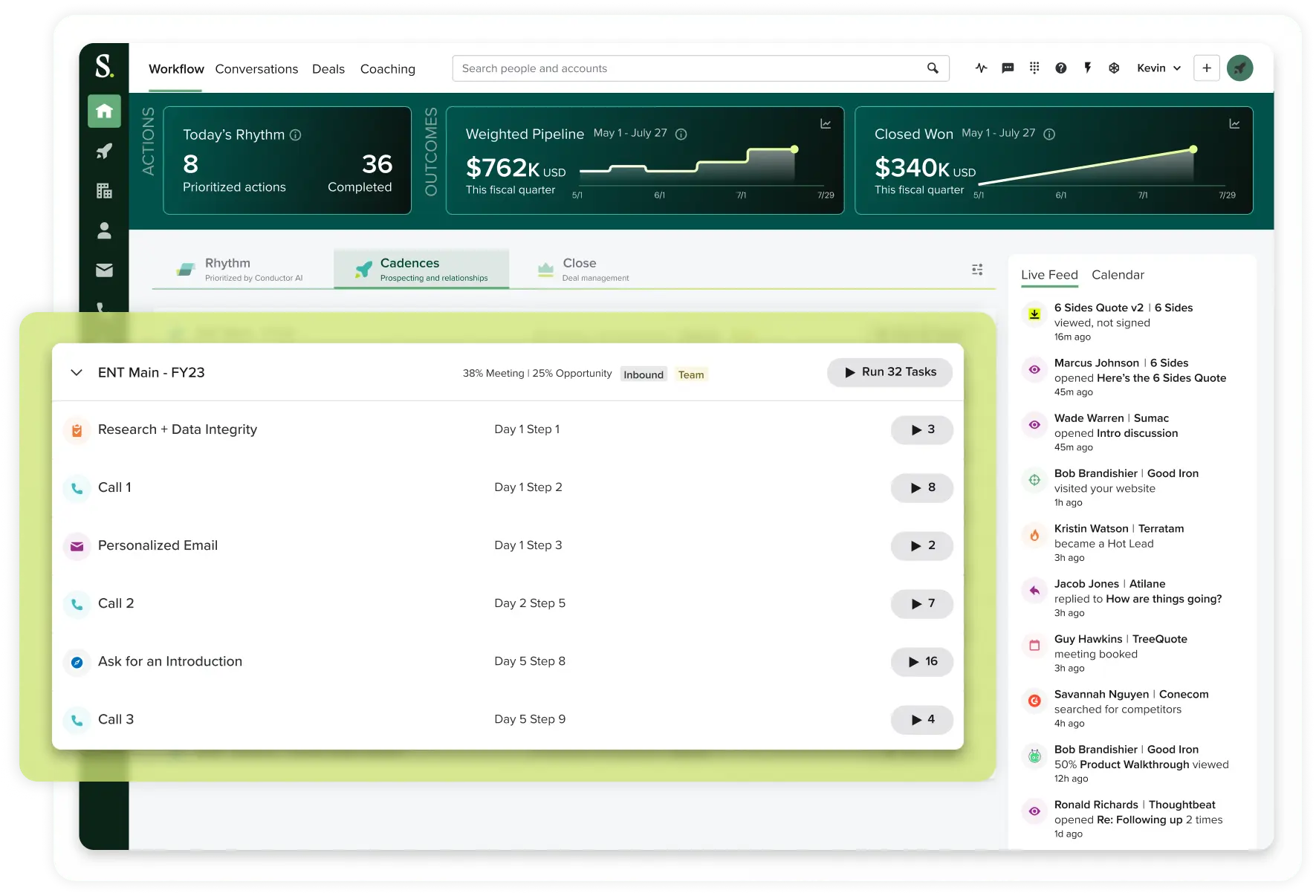Screenshots of cadences in action on the Salesloft platform