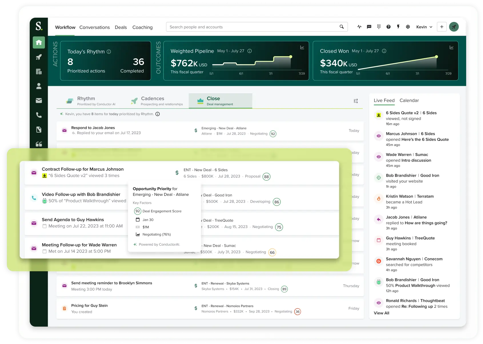 Screenshot of deals section of the Salesloft platform